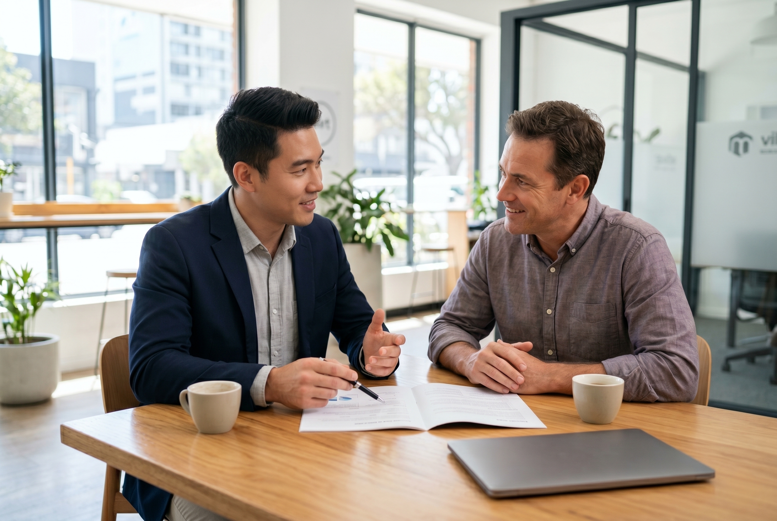 Consultant collaborating with a client in a small business setting