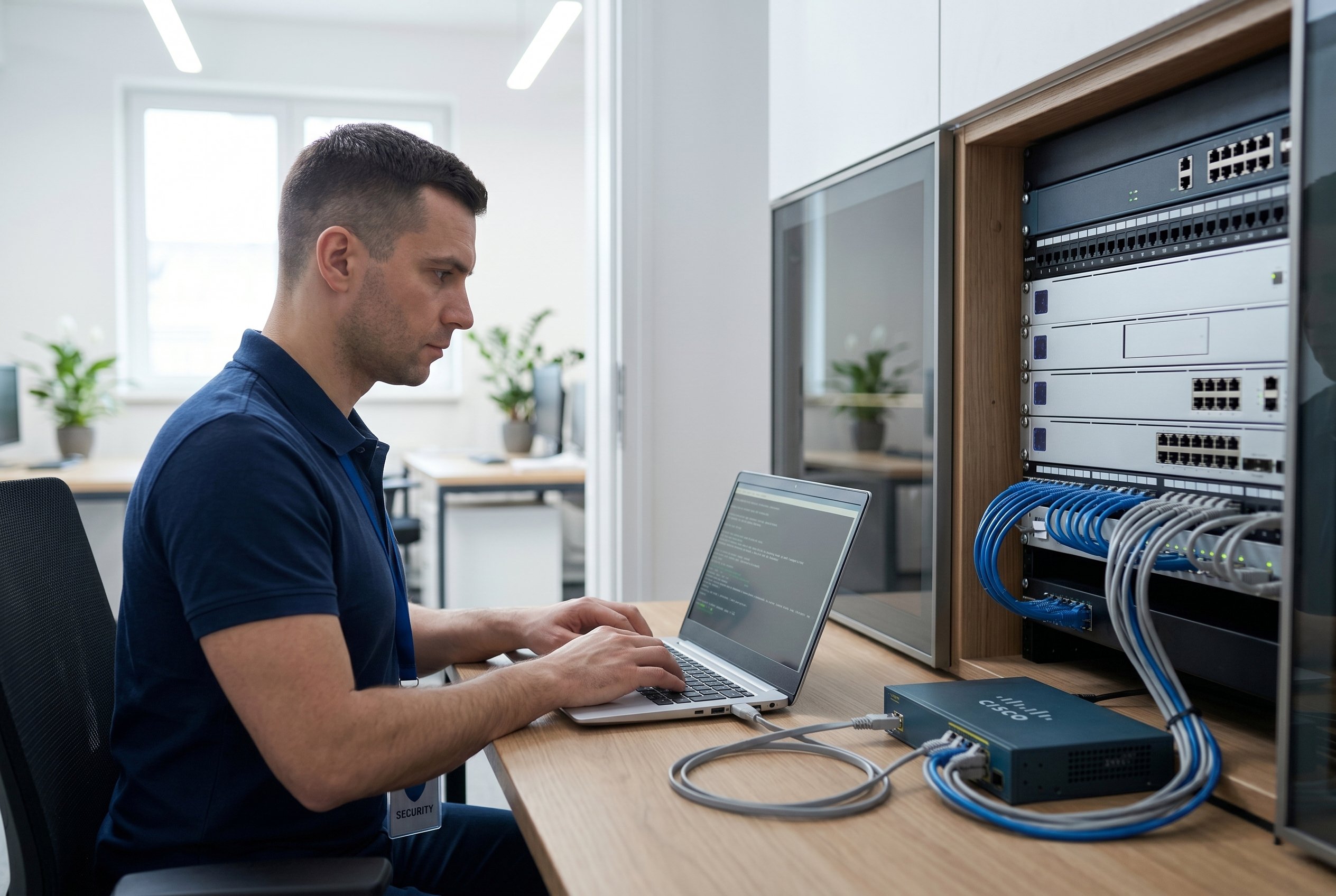 Consultant working on network equipment and a laptop