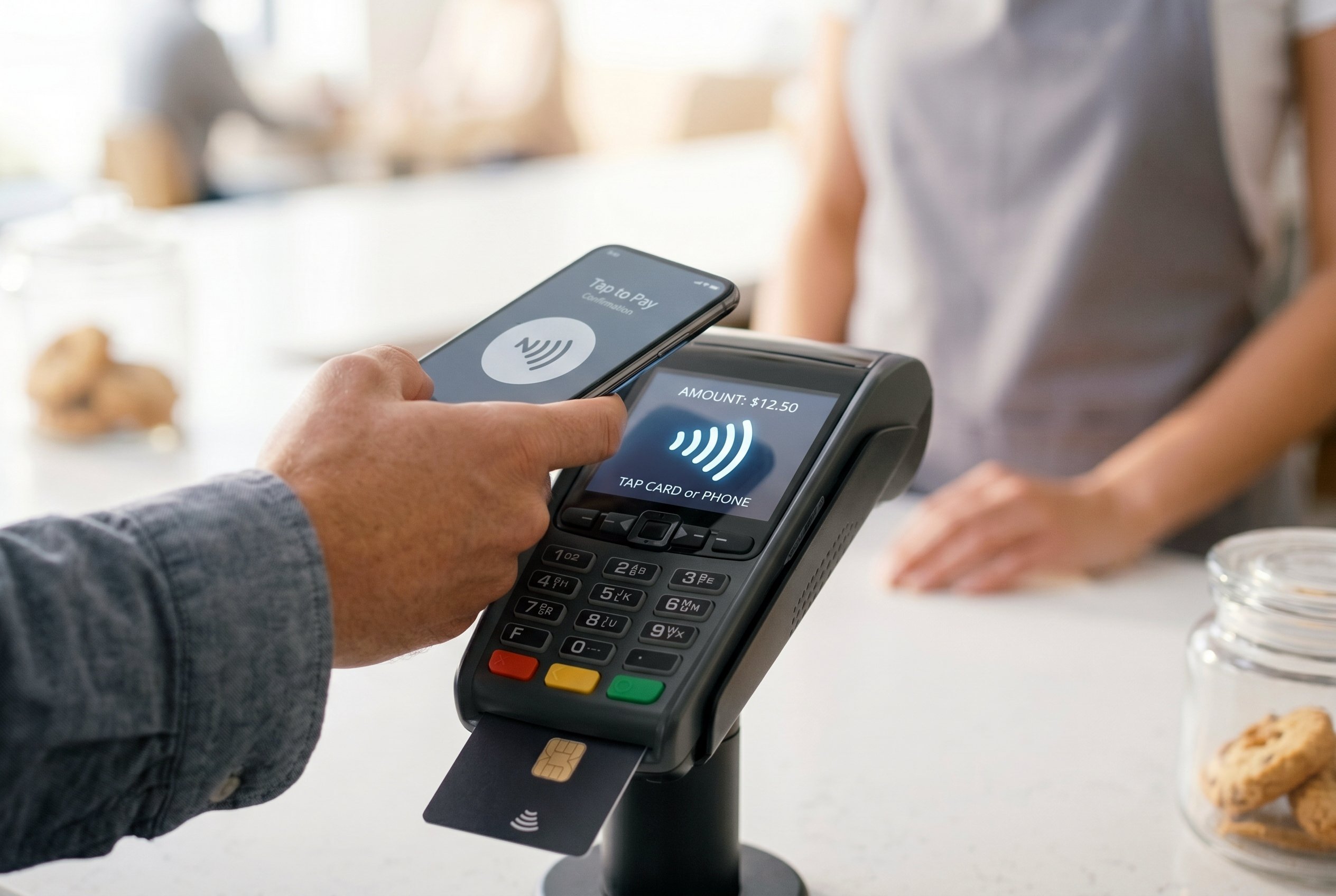 Customer tapping a card or phone on a payment terminal
