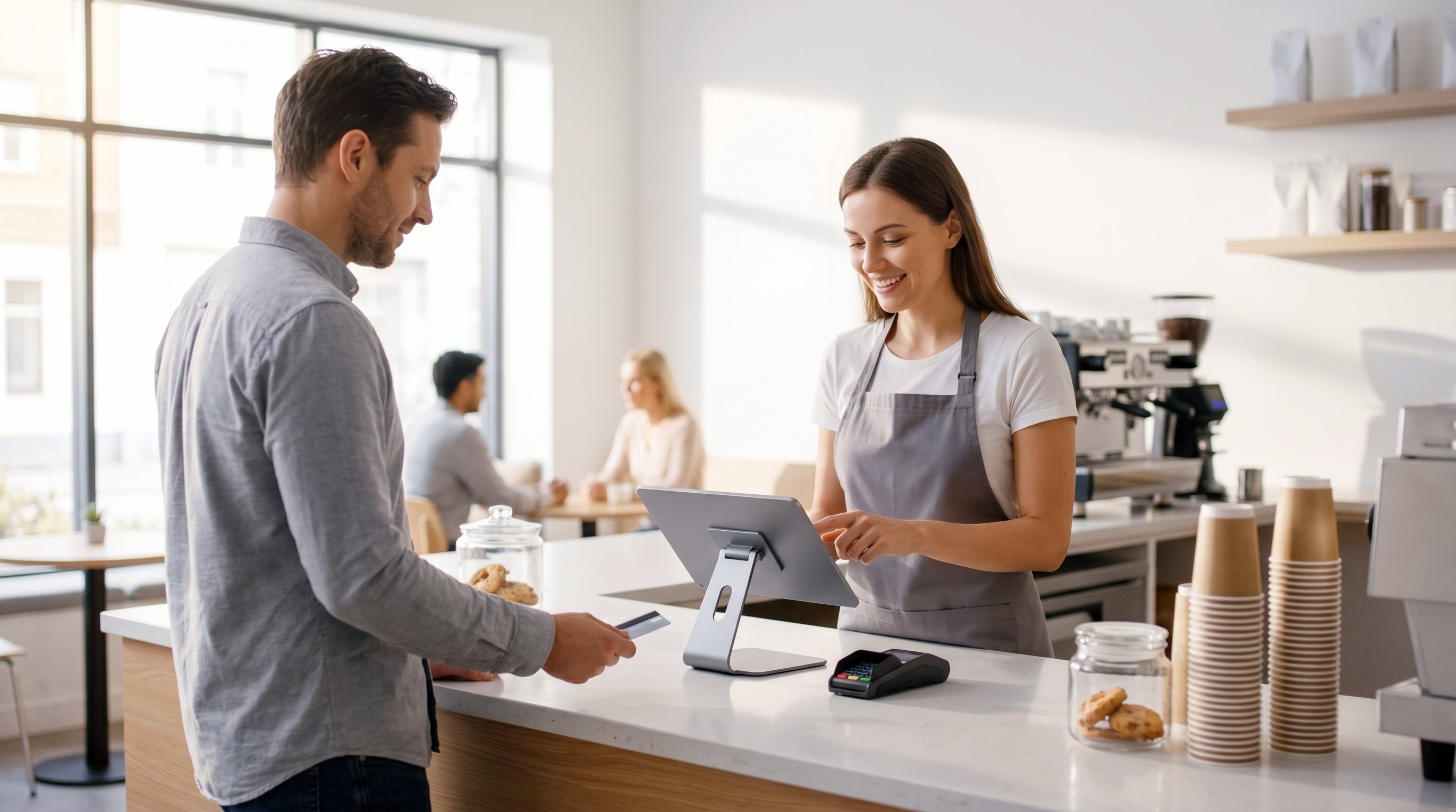 Staff using a modern point-of-sale system in a business environment